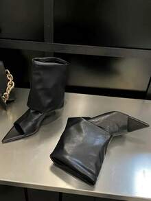 Pointed Toe Slim Heel Thigh High Boots, Flattering Slim Fit, Open Toe, Versatile Fashion Boots - Black - View 8