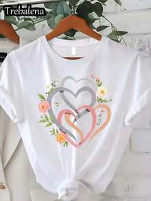 Camiseta de manga corta con estampado floral de corazones para mujer de Trebalena - Blusa casual de manga corta y cuello redondo con patrones florales aleatorios, cómoda para uso diario en verano, primavera y otoño, lavable a máquina, para eventos semi-formales y atuendos casuales. - Blanco - Ver 6