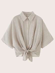 Camisa de manga corta con cuello a rayas y detalle de corbata, verano - Multicolor - Ver 1
