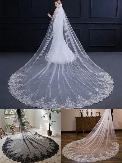 Khăn voan cưới dài 3 mét, màu đen/trắng/ngà, viền ren đính sequin, phụ kiện chụp ảnh cưới bằng vải tuyn bóng, kèm lược cài tóc kim loại.