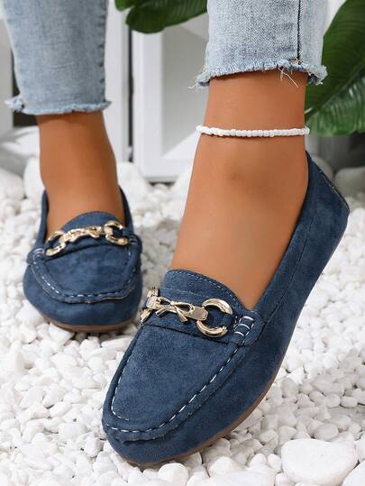 Women's Summer New Flat Loafers, Metal Buckle Decor, Fashion Versatile Slip-On Comfortable Casual Travel Vacation Shoes