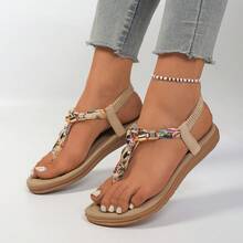 Women's Bohemian Style Floral Pattern Rhinestone Decor T-Strap Flat Sandals, Elastic Back Summer Beach Shoes - Beige - View 11