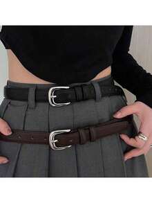 Women's Simple Yet Elegant Shiny Silver Buckle Leather Belt, Decorative For Students And Youth, Korean Style Fall, Autumn, Halloween - Buckle - View 21