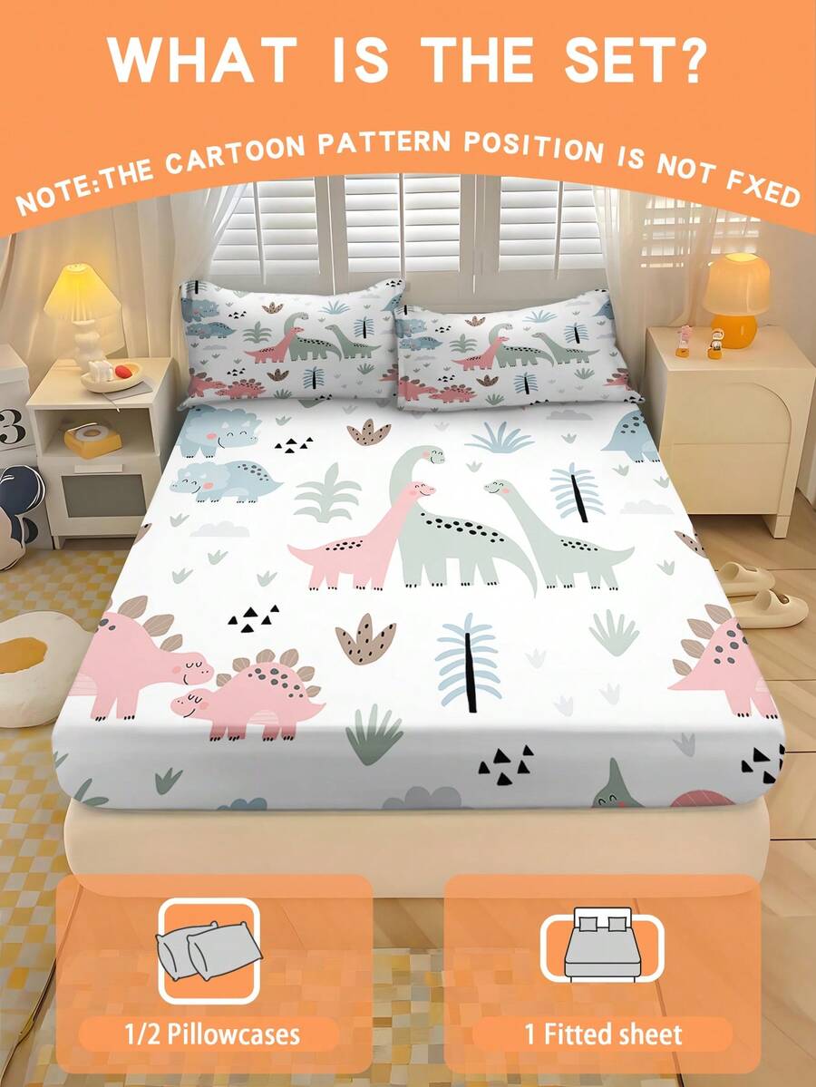 1/2/3PCS Cute Dinosaur Fitted Sheet Set, 1 Fitted Sheet And 1/2 Pillowcases, Cartoon Dino Prehistoric Plant Bedding Set For Kids Boys Girls Bedroom, 100% Polyester, Soft Breathable Non-Slip, Machine Washable, Note: The Cartoon Pattern Position Is Not Fixed - Multicolor - View 1