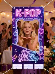 1 Pack K-POP Neon Glow Happy Birthday Photo Backdrop, Cyberpunk Style Polyester Fabric Photo Booth Banner With Ticket Frame Star Music Note Print, Reusable Washable Photography Background For K-POP Themed Birthday Party, Concert Viewing Party, Teen Birthday Celebration, Spring Summer Photo Shoot & Event Decor - Happy Birthday K-pop - View 4