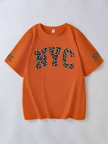 女士豹纹字母印花宽松短袖T恤 - 舒适休闲T恤，可机洗，日常必备，宽松版型，男女皆宜，适合上学、度假、购物、运动等各种场合 - 橘色 - 查看 2