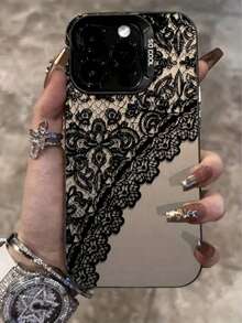 Fashionable Luxury Black Lace Print Half-Screen Phone Case, Compatible With 17/16/15 Pro Max, 14/13/12 Models And Digital Fashionable XS/XR, With Anti-Pollution Feature - Multicolor - View 1