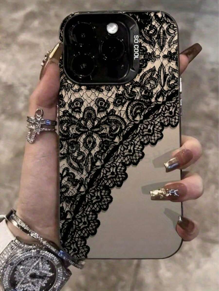 Fashionable Luxury Black Lace Print Half-Screen Phone Case, Compatible With 17/16/15 Pro Max, 14/13/12 Models And Digital Fashionable XS/XR, With Anti-Pollution Feature - Multicolor - View 1