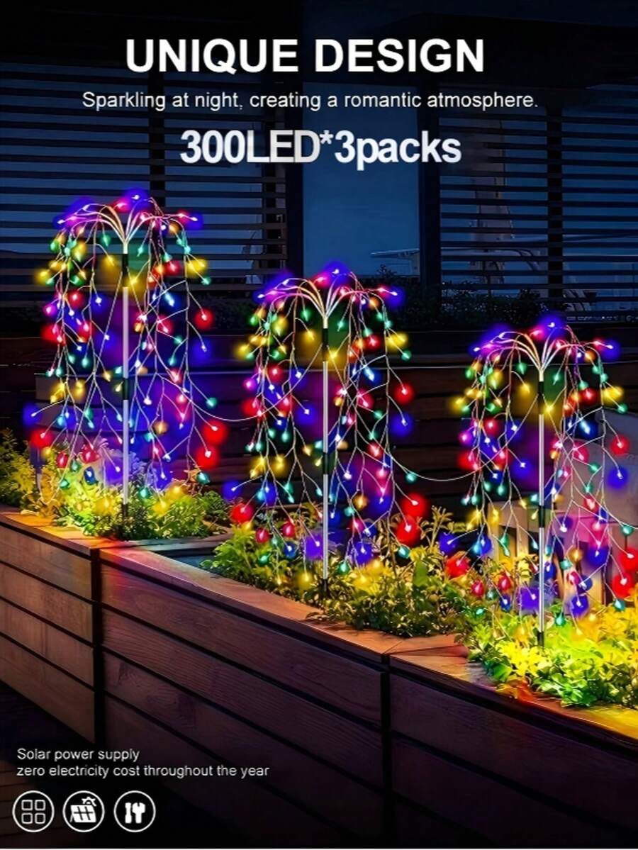 Bộ 3 đèn pháo hoa năng lượng mặt trời ngoài trời, 300 đèn LED trang trí sân vườn, đèn pháo hoa năng lượng mặt trời với 8 chế độ nhấp nháy, thích hợp cho vườn biệt thự, sân nhà, ban công, trang trí tiệc Giáng sinh (Đã bao gồm pin)