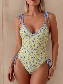 Traje de baño de una pieza con estampado floral y cuadros, con escote en V y tirantes para mujer - Multicolor - Ver 6