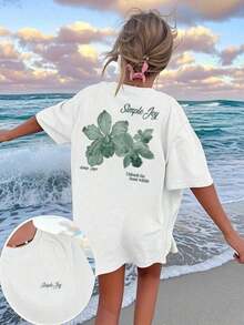 Camiseta de mujer de cuello redondo con estampado de letras y flores de colores, versátil y de moda, camiseta de mujer con estampado de vacaciones, casual blanca de verano - Multicolor - Ver 7