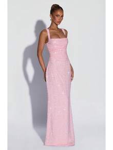2026 New Sakura Pink Square Neck Sequin Gown, Slim-Fit Waist Mermaid Long Dress, Red Carpet Runway Party Evening Wear AUI7 - Hồng - Xem 3