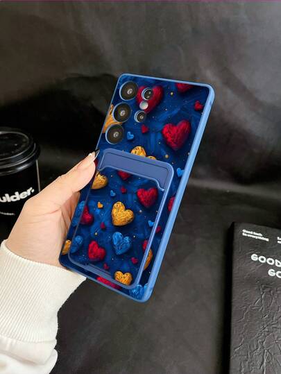 1pc Blue TPU Klein Blue 3D Oil Painting Heart Pattern Luxury Sense Couple Full Coverage Anti-Drop Phone Case And 1pc Klein Blue 3D Oil Painting Heart Pattern Blue Detachable Card Holder 2-In-1 Fashion Versatile Creative Personalized Full Protection Soft Phone Case, Suitable As Birthday/Holiday/Anniversary Gift For Girlfriend/Boyfriend, Best Friend/Sibling, Wife/Husband, Partner, Family/Friend, Boss/Colleague, Classmate/Teacher, Compatible With Android Phones Like , , , Etc.