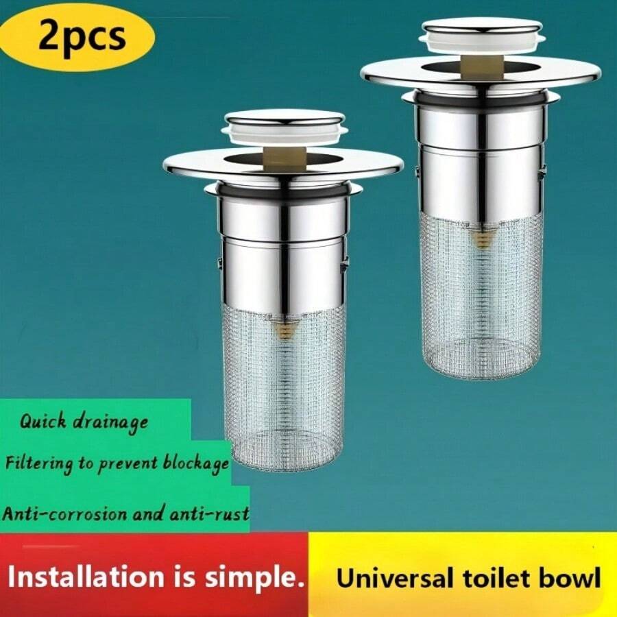 2个装不锈钢水槽排水过滤器，通用型水槽排水塞，防腐蚀，压力激活过滤网，多功能水槽排水配件