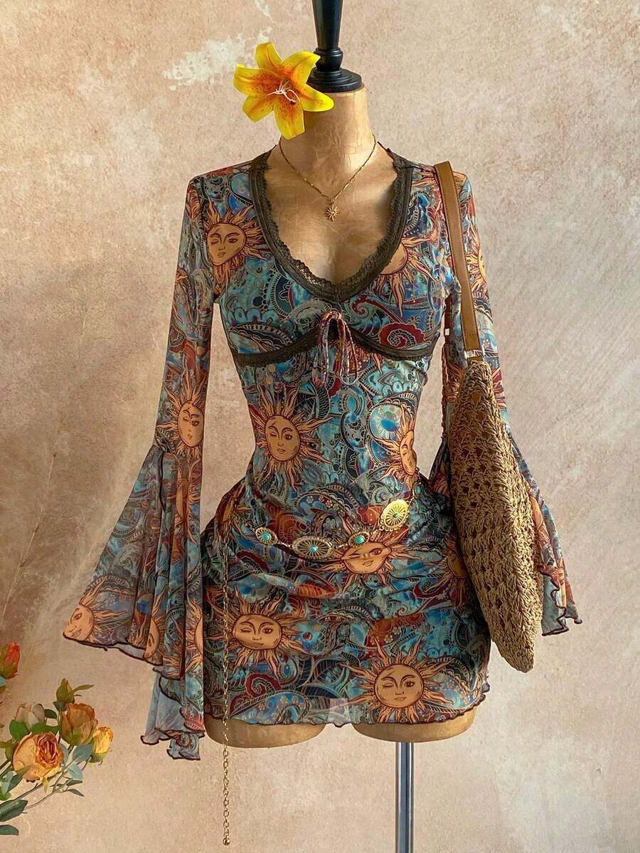 Women's Vintage Printed Bohemian Mini Dress, V-Neck Floral Lace Trim Long Sleeve Irregular Cuff, A-Line Mesh Printed Vacation Dress, Party Dress, Date Night, Sexy Slim Fit Fashion Set, Cruise Holiday, Beach Holiday, Music Festival, Boho Vacation Dress, Suitable For All Seasons Bell Sleeve Dress Boho Dress Women - Nhiều màu - Xem 1