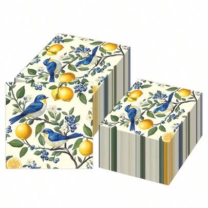 20pcs/40pcs/60pcs,Bluebird And Lemon Party Napkins,2-Ply Botanical Bird & Fruit Design Disposable Paper Tissues,Vintage Italian Orchard Theme Napkins - Chinoiserie Bird Pattern Paper Napkins For Spring Summer Wedding, Tea Party, Garden Gathering,13*13inch