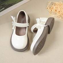 Girls' Pearl Bow Design Mary Jane Shoes, Suitable For Daily Wear, Birthday Party, School, All Seasons - Beige - View 3