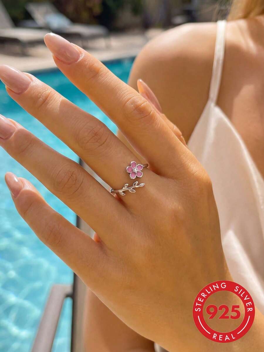 1 st. 925 sterlingsilverring med fin blommotiv, lämplig för dejting, fest, årsdagspresent, utsökta smycken för kvinnor - floret - Visa 1