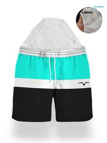 Men's Summer 3D Printed Drawstring Waist Casual Shorts With Side Pockets, Quick Dry Mesh Lining, Artistic Colorblock Tropical Print, Fashionable Beach Vacation Swim Trunks - Cadet Blue - View 2
