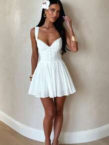 Women's Summer Mini Dress Stylish Solid Lace Trim Flower Embroidered Hollow Details Sleeveless V Neck A Line Dress Casual Boho Vacation Beach Date Party Outfit - 白色 - 查看 5