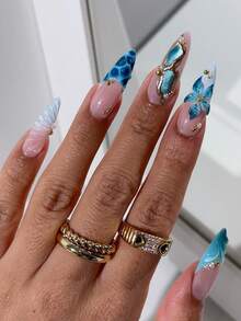 10pcs Handmade Long Pointed French Manicure Nail Stickers Press On Nails - Blue - View 3