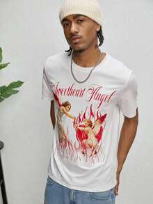 Manfinity Roughcore Men's Casual Short Sleeve Crew Neck T-Shirt With Creative And Versatile Playing Card Graphic Design - 咖啡棕 - 查看 3