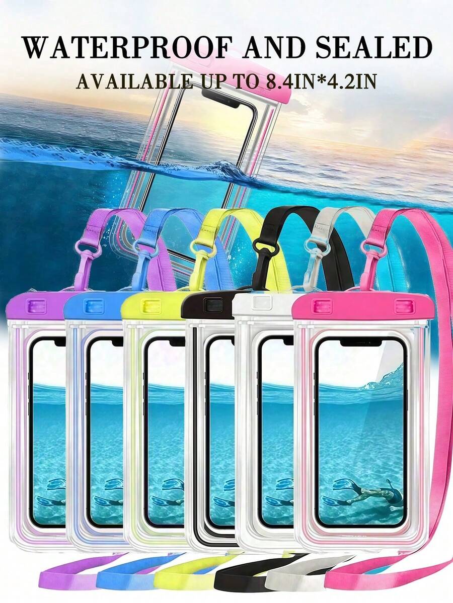1個透明防水手機袋，IPX8防水手機殼附防浮力氣囊，多色可調節掛繩防水袋，適合成人在游泳池、海灘、後院泳池及其他類似場景使用