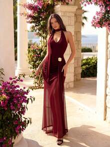 HOMEYEE 女士优雅V领网纱露背系带连衣裙，纯色修身正式礼服，适合度假、通勤、聚会、派对、正式晚宴、鸡尾酒会、约会、婚礼派对等场合。 - 酒紅色 - 查看 14