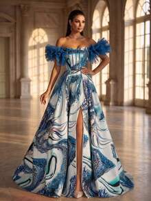 Women's Elegant Blue & White Abstract Print Open Shoulder Ruffle Sleeve Split Maxi Dress, Sexy Formal Evening Gown, Formal Party Dress Wedding Fall - Navy Blue - View 1