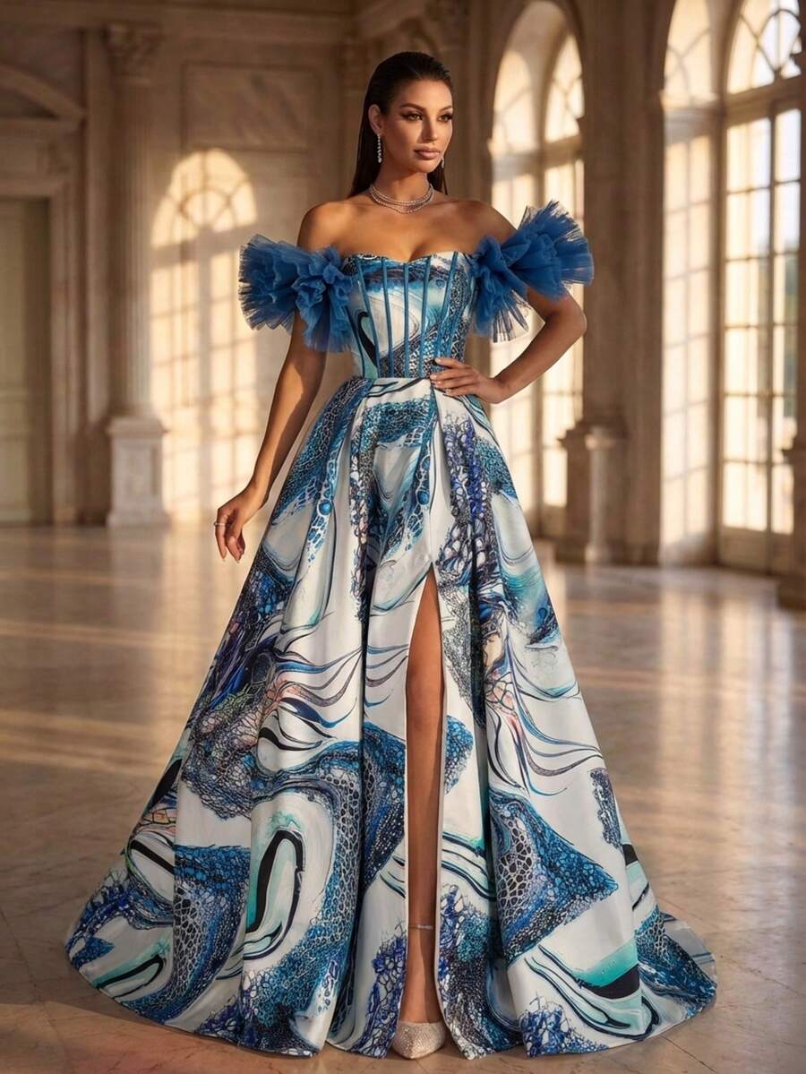 Women's Elegant Blue & White Abstract Print Open Shoulder Ruffle Sleeve Split Maxi Dress, Sexy Formal Evening Gown, Formal Party Dress Wedding Fall - Navy Blue - View 1