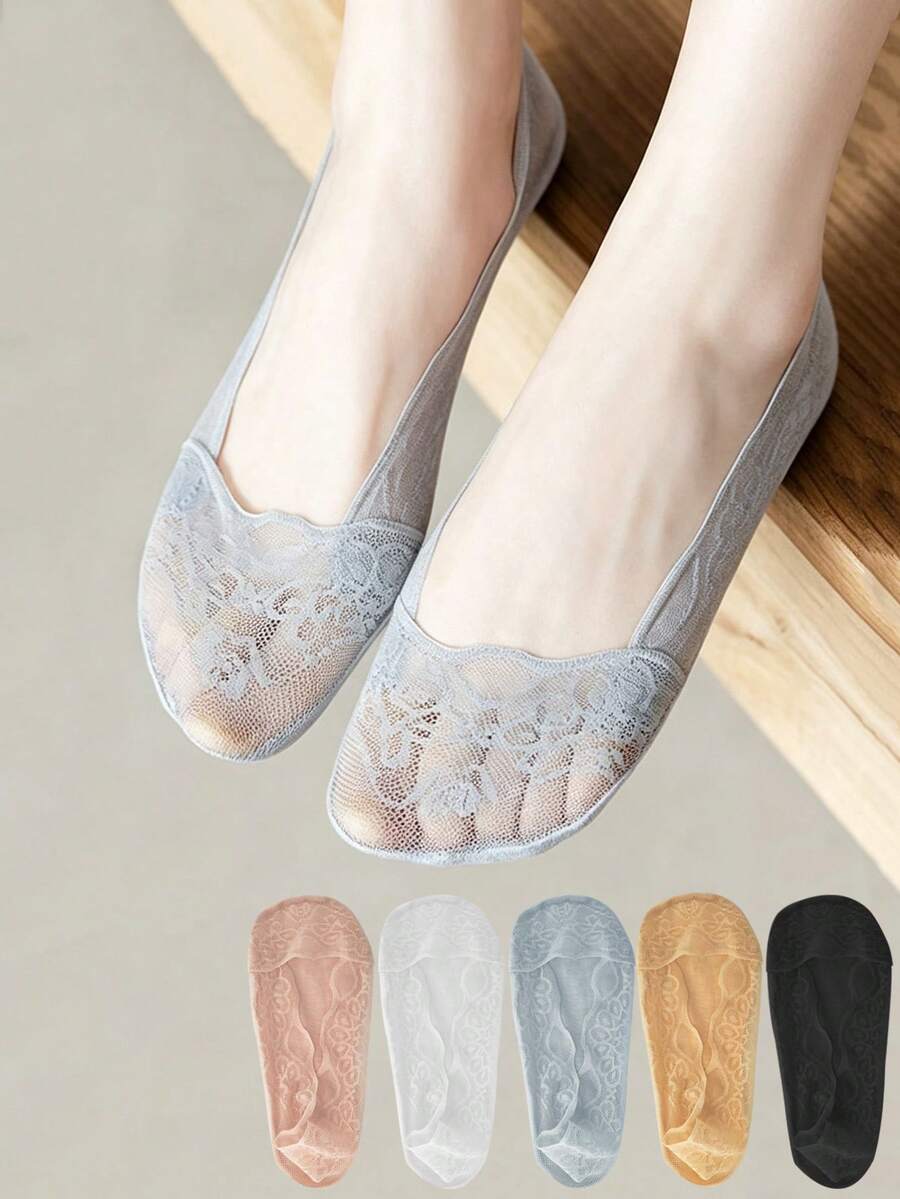 1/5/10 Pairs Of Fashionable Women's Breathable Lace Spring And Summer Invisible Anti Slip Thin Boat Socks