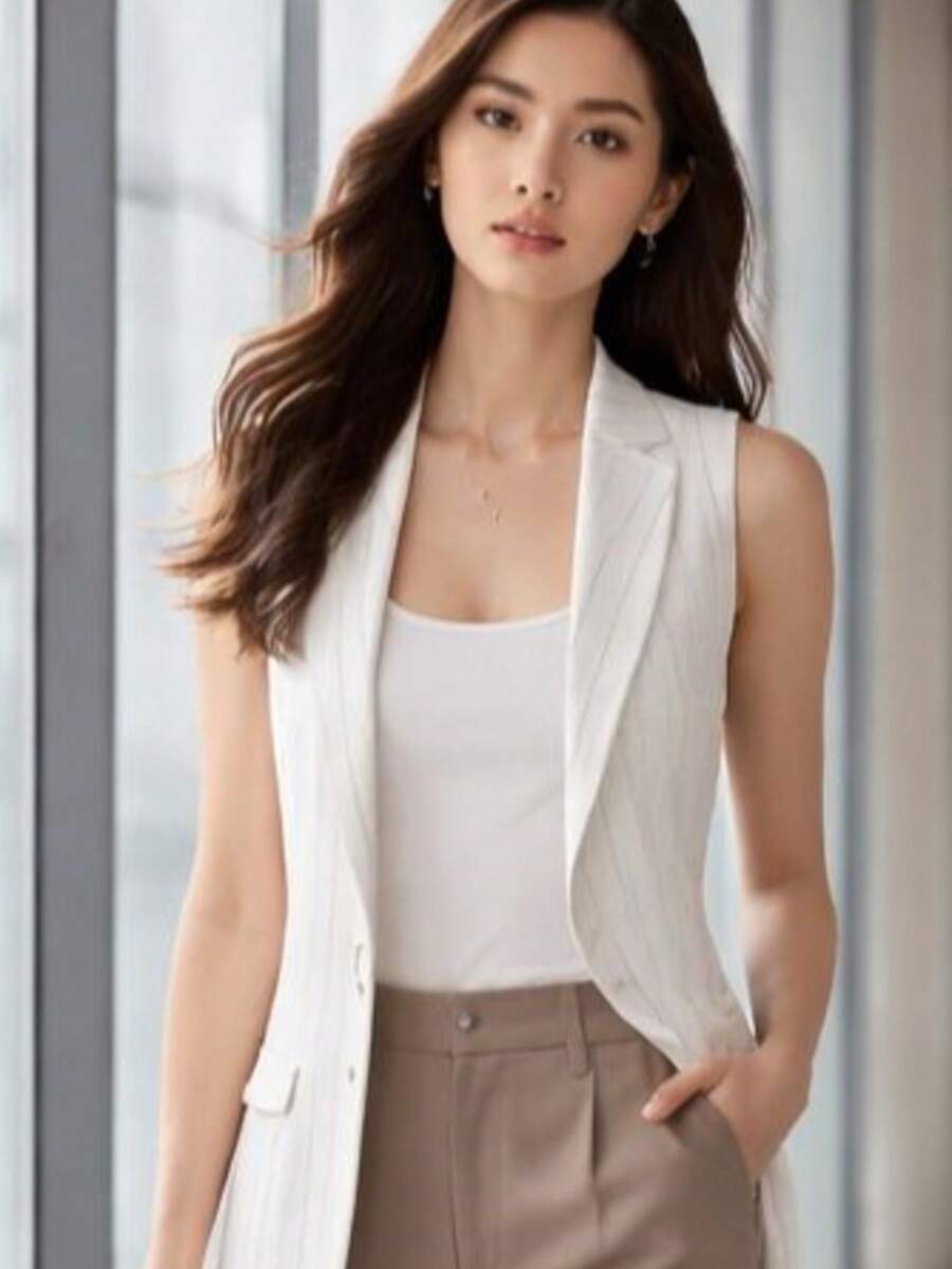 Women's Casual Vest Blazer With Flap Collar - Stripes White - View 1