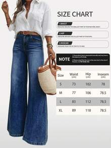 Light Blue Washed Flare Wide Leg Jeans, Relaxed Fit Suitable For Daily Commute Casual - Dark Wash - View 6