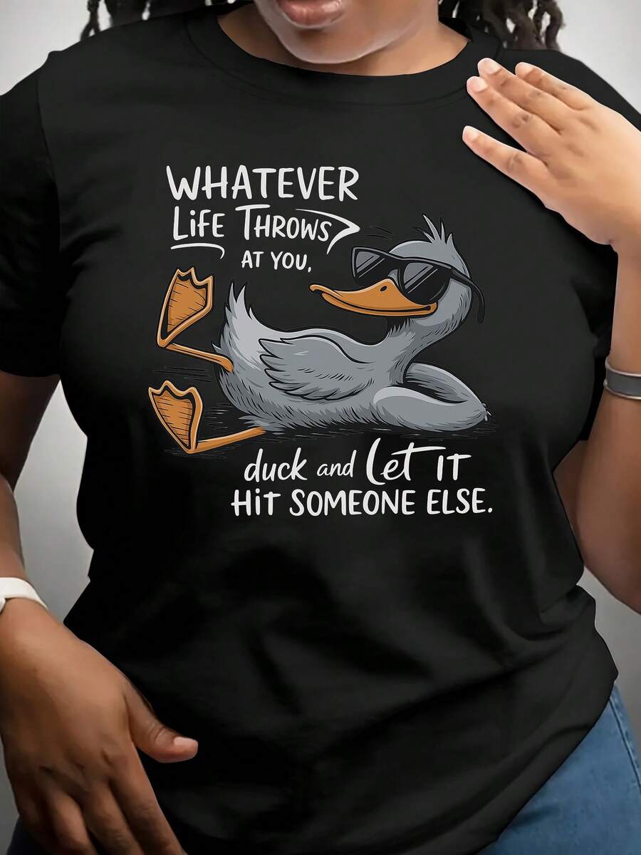 Duck Print T-Shirt, Casual Short Sleeve T-Shirt, Fancy Print Crew Neck T-Shirt, Breathable Fabric, Suitable For Spring, Summer And Autumn-X - Black - View 1