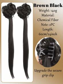 24Inch Synthetic Double Ponytail, Twisted Design Claw Clip Fluffy Black Double Ponytail Hair Extension For Women Daily Party Cosplay - Multicolor - View 11
