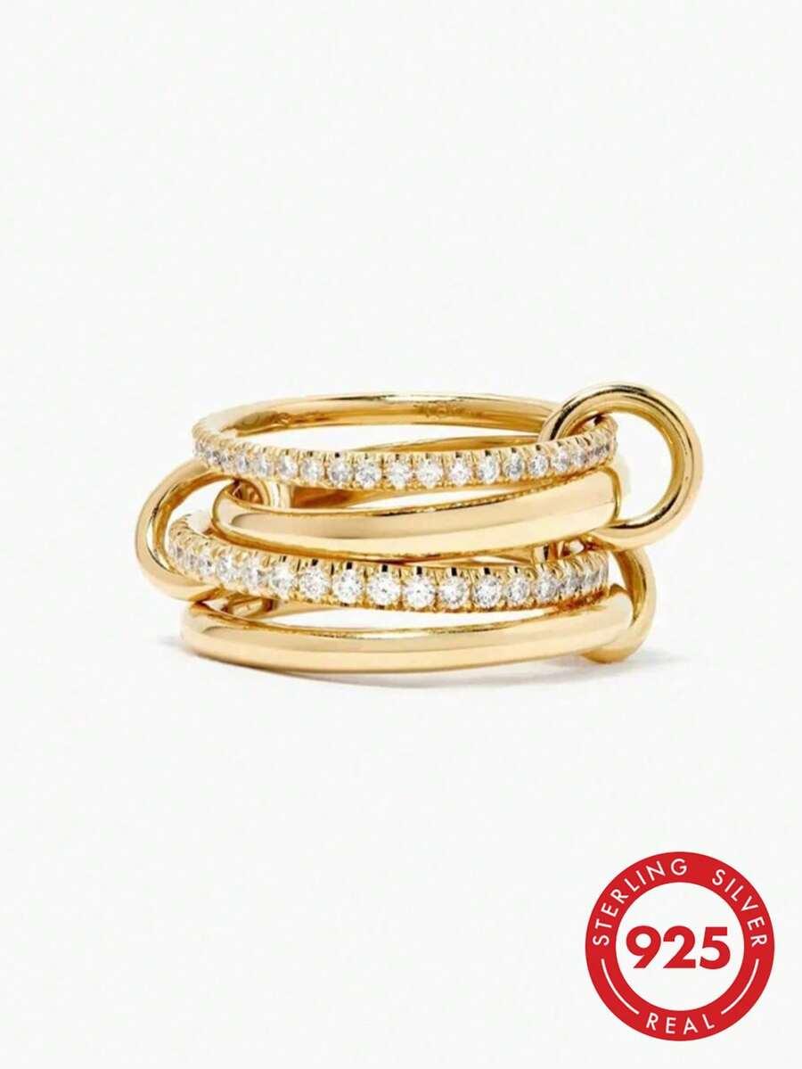 GAGAFEEL This Fashionable And Lightweight 925 Sterling Silver 4-Ring Interlocking Ring Set, Inlaid With Sparkling Cubic Zirconia, Is Suitable For Women's Daily Wear And Party Attire, Making It An Ideal High-Quality Jewelry Gift.