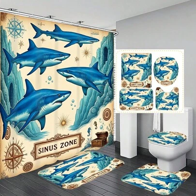 1件/4件套航海鲨鱼图案多功能浴室装饰浴帘套装，赠送12个挂钩，营造优雅假日氛围，包含浴室地垫、U型马桶垫和圆形马桶垫，适用于各种浴室场景。