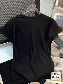 女士纯色U领短袖T恤，百搭白色休闲修身夏季打底衫，黑色 - 黑色 - 查看 4