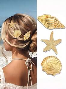 1/3pcs Beach Wedding Starfish Hair Clips, Metal Shell Hair Clips, Mermaid Style Hair Clips, Suitable For Summer Vacation Outfits, Women Hair Accessories, Beach Accessories - Mermaid Hair Clip - View 2