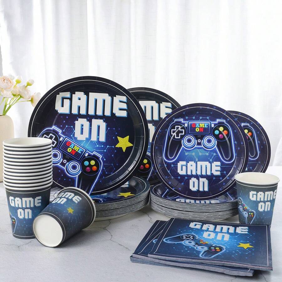 Bộ đồ dùng ăn uống dùng một lần chủ đề máy chơi game màu xanh dương, bao gồm đĩa giấy 7/9 inch, cốc giấy, khăn giấy, thích hợp cho tiệc sinh nhật, lễ hội, họp mặt, lễ kỷ niệm, đám cưới, lễ tốt nghiệp và các dịp tiệc tùng khác. - Nhiều màu - Xem 1