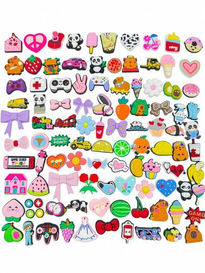 Random 58Pcs Fruit/Animal/Flower/Cute Cartoon Series Shoe Charms Suitable For Clogs & Sandals Decoration, Premium Quality Popular Shoe Accessories, Great Gift For Teens, Men, Women And Adults.