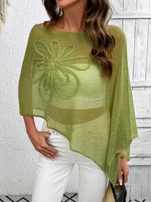 Áo Poncho dáng rộng, cổ tròn, màu trơn, thêu họa tiết bất đối xứng, thích hợp mặc mùa hè cho nữ. - màu xanh lá - Xem 5