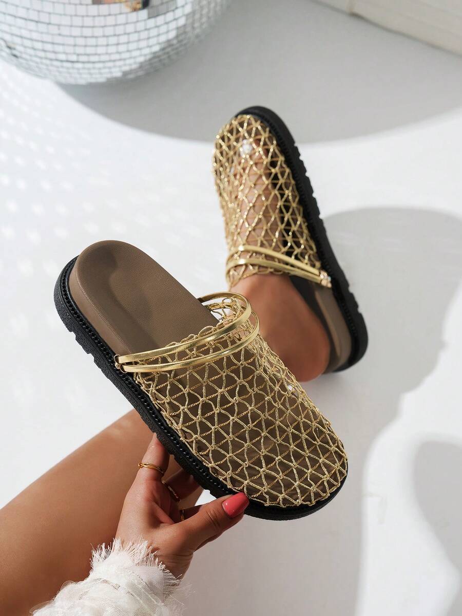 Sandal đế dày lưới mùa hè mới dành cho nữ, giày đi biển đế xuồng dày dặn cá tính, sandal lưới thoáng khí. - Vàng - Xem 1