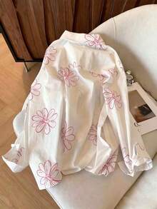 Women's Floral Print Button-Up Shirt - White Background With Pink Flowers - View 5