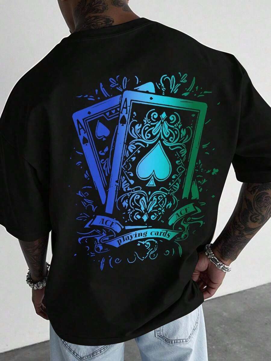 Manfinity Roughcore Men's Casual Short Sleeve Crew Neck T-Shirt With Creative And Versatile Playing Card Graphic Design - BLUE AND BLACK - View 1