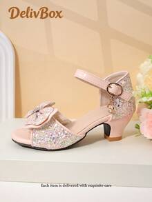 1 Pair Girls' Pink Dreamy Diamond Bow Sandals, Open Toe Low Heel, Comfortable Sparkly, Princess Style, Summer Party Shoes - Pink - View 3