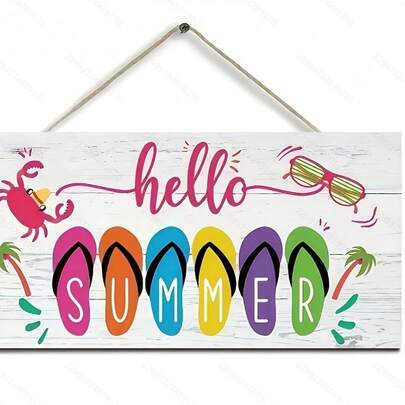 Colorful Pattern Designed "Hello Summer" 2D Flat Wooden Sign - Farmhouse Style Welcome Decor For Home And Summer Use, Rectangular Hanging Door Plaque, Summer Decoration