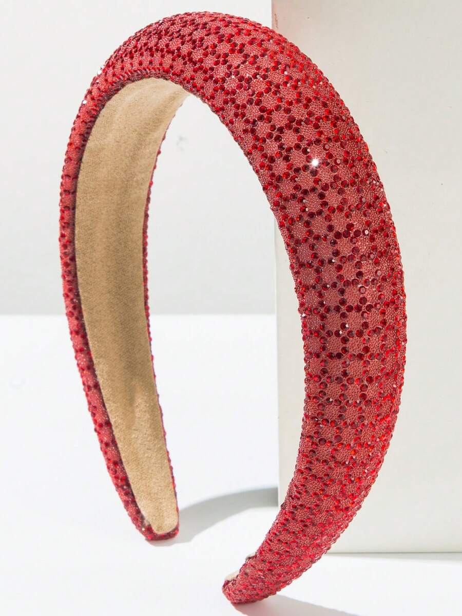 1 pieza Diadema ancha elegante con patrón geométrico de unicolor y brillantes, accesorio de cabello para uso diario, creativo para mujeres, festivales, fiestas - Rojo - Ver 1