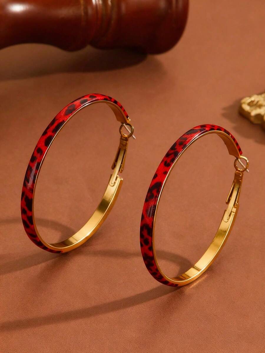 2 piezas de pendientes de aro de moda con correa de cuero negro con estampado de leopardo falso en blanco y negro, minimalistas, únicos y personalizados, de gran tamaño, para mujer, joyería adecuada para uso diario y accesorios de fiesta (no es piel animal real) - Pendientes rojos - Ver 1