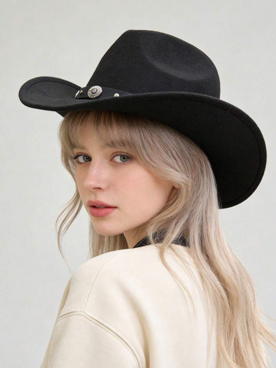 Unisex Western Cowboy Hat, Classic Rolled Brim Fedora, With Buckle Belt - Multicolor - View 1